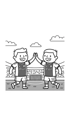 Kleurplaat van twee lachende Ajax-voetballers met rugnummers 7 en 10 die een high-five geven in een stadion, met Ziggo- en Ajax-logo's op hun shirts en publiek op de tribune.