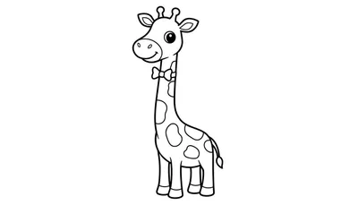 Zwart-wit lijntekening van een schattige lachende giraffe met een strikje om zijn nek, klaar om in te kleuren.