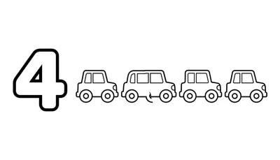 Zwart-wit kleurplaat met een groot cijfer 4 en vier kleine auto's, ontworpen om kinderen te helpen tellen.