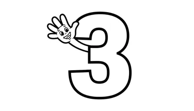 Kleurplaat van een groot cijfer 3 met een lachende cartooneske hand op de palm.