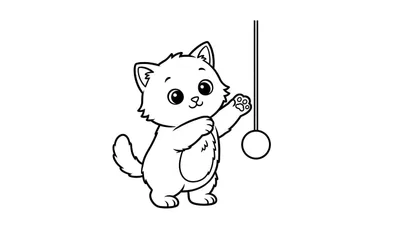 Zwart-wit lijntekening van een schattig, cartoonachtig kitten dat op zijn achterpoten staat en zijn linker voorpoot uitstrekt naar een hangend balletje aan een touwtje.