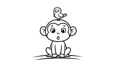 Zwart-witte lijntekening van een schattig, verbaasd kijkend cartoonaapje zittend op een tak, met een vrolijk vogeltje op zijn hoofd. Makkelijke kleurplaat.