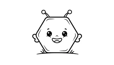 Zwart-witte lijntekening van een schattig, zeshoekig insect-achtig wezentje met grote ogen, een vrolijke glimlach, twee voelsprieten met bolletjes, kleine zij-uitsteeksels en staand op een grasachtige ondergrond.