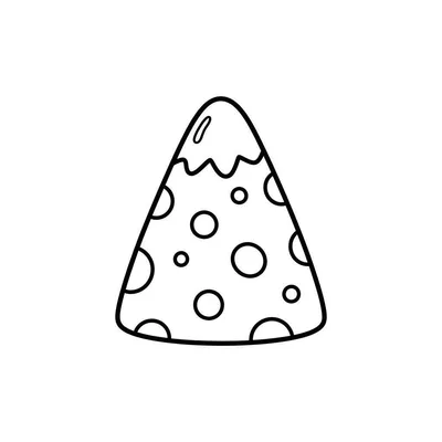 Eenvoudige zwart-wit kleurplaat van een pizzapunt met golvende rand en diverse ronde toppings, vriendelijke, gestileerde uitstraling.