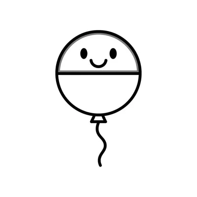 Eenvoudige kleurplaat van een lachende ballon met gezichtje, knoopje en golvend touwtje op een witte achtergrond.