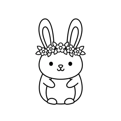 Eenvoudige lijntekening van een schattig konijn met lange oren, puntogen, een gestileerde neus en mond, en een bloemenkrans op zijn hoofd, zittend en vrolijk kijkend.