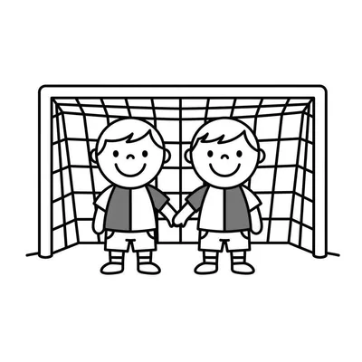 Twee lachende jongens houden elkaars hand vast voor een voetbaldoel met net, een makkelijke zwart-witte lijntekening voor een kleurplaat.