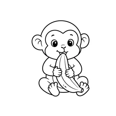Kleurplaat van een schattig, glimlachend aapje met grote ronde ogen dat op de grond zit en een banaan eet. Eenvoudige cartoonstijl, makkelijk in te kleuren.