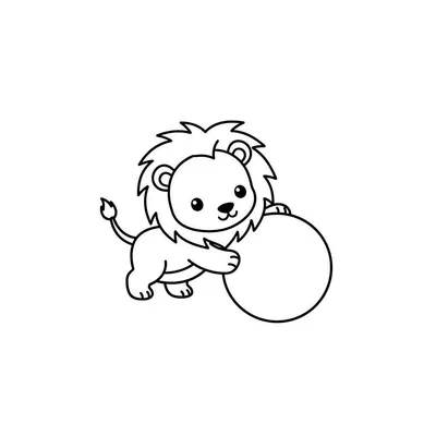 Zwart-wit kleurplaat van een schattige, vriendelijke cartoon leeuw met grote manen, die een lege cirkel vasthoudt. Eenvoudig ontwerp voor kinderen.