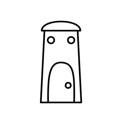 Eenvoudige kleurplaat van een minimalistisch gebouw met een koepeldak, twee kleine ramen of ogen en een boogvormige deur met deurknop, getekend in zwarte contouren.