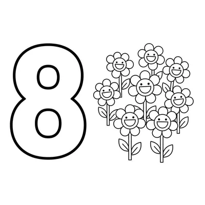 Kleurplaat van een groot cijfer 8 naast acht vrolijke bloemen met lachende gezichtjes, ontworpen om te leren tellen.