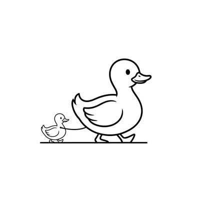 Zwart-wit lijntekening van een grote eend en een klein kuiken aan een dun lijntje, beide lopen naar rechts op een witte achtergrond. Makkelijke kleurplaat voor kinderen.