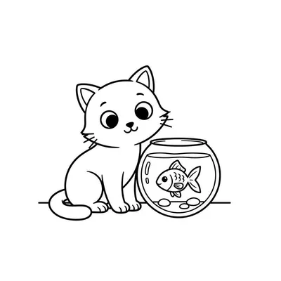 Zwart-wit lijntekening van een schattig, cartoonachtig katje dat nieuwsgierig naar een goudvis in een vissenkom kijkt. Eenvoudige kleurplaat.