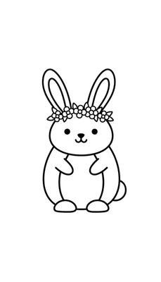 Eenvoudige zwart-wit lijntekening van een cartoonesk konijn met grote opstaande oren, een bloemenkrans op zijn hoofd, kleine stipogen en een hartvormig mondje, zittend en recht naar voren gericht. Geschikt als makkelijke kleurplaat.