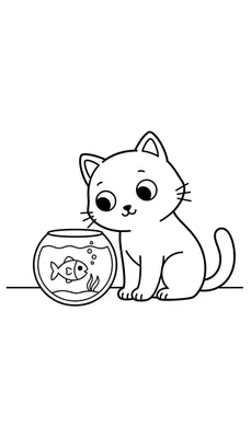 Kleurplaat van een schattige cartoonkat die nieuwsgierig kijkt naar een vis in een ronde vissenkom met waterplant en bubbels.