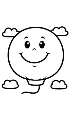 Zwart-witte lijntekening van een grote, ronde, vrolijk lachende ballon met ogen, neus en mond, en een krullend touwtje. De ballon wordt omringd door vier simpele wolken. Een makkelijke kleurplaat voor kinderen.