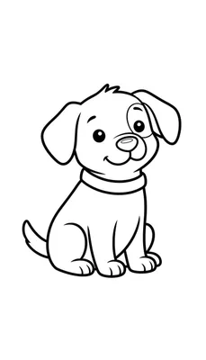 Zwart-wit lijntekening van een zittende, schattige cartoonpuppy met een glimlach, grote ronde ogen, een ooglapje, hangende oren en een halsband op een effen witte achtergrond.