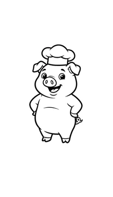 Zwart-wit kleurplaat van een vrolijk cartoonvarken met koksmuts, breed lachend, staand met poten in de zij en een krulstaartje.