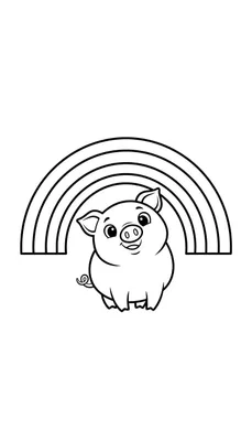 Kleurplaat van een schattig varkentje met grote ogen, lachend mondje en krulstaartje, met een regenboogomtrek op de achtergrond. Zwart-wit, makkelijk.