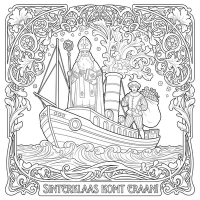 Gedetailleerde Sinterklaas kleurplaat: Sinterklaas en Zwarte Piet op een stoomboot met cadeaus en rookpluimen, omgeven door een Art Nouveau rand, met de tekst 'SINTERKLAAS KOMT ERAAN!'.