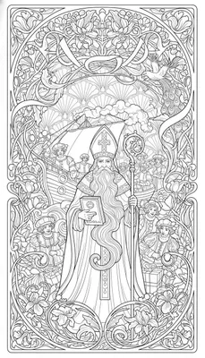 Gedetailleerde Art Nouveau Sinterklaas kleurplaat met bisschop, zeilschip, kinderen, cadeaus, en een decoratieve bloemenrand met pauw.