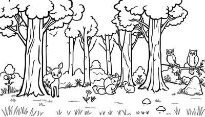 Zwart-wit kleurplaat van een boslandschap met hoge bomen, gras, bloemen, stenen, een reekalfje, een eekhoorn, een eendje en twee uilen.