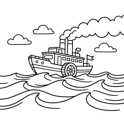 Zwart-wit lijntekening van een cartoonachtige raderboot met een groot zijwiel, twee rokende schoorstenen, een kajuit met vierkante ramen, en een vlaggetje, varend op golvend water onder gestileerde wolken. Geschikt als kleurplaat voor peuters.