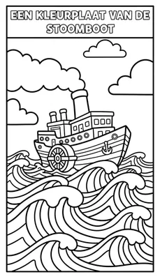 Zwart-wit kleurplaat van een stoomboot met schoepenrad en anker, varend op woelige golven onder wolken. Geschikt voor peuters.