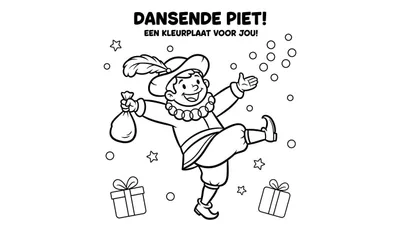 Kleurplaat van een breed lachende, dansende Piet met hoed, veer, witte kraag en traditionele kleding, die een gevulde zak vasthoudt. Rondom zweven sterren, cirkels en onderaan liggen twee cadeautjes. Bovenaan staat de tekst: 'DANSENDE PIET! EEN KLEURPLAAT VOOR JOU!'.