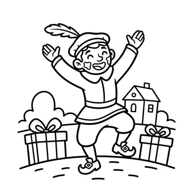 Zwart-wit lijntekening van een lachende jongen in traditionele kleding met muts en veer, springend tussen cadeaus, met een huisje en wolken op de achtergrond.