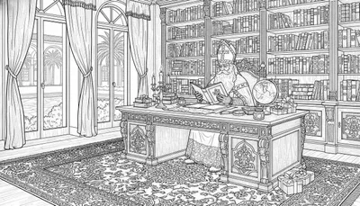Gedetailleerde Sinterklaas kleurplaat: Sint Nicolaas leest in zijn studeerkamer met boeken, cadeautjes, een wereldbol en kaarsen, met uitzicht op een mediterraan landschap.