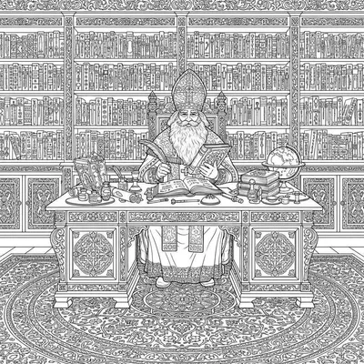 Gedetailleerde zwart-wit kleurplaat van Sinterklaas met mijter en gewaden, schrijvend met een veerpen aan een bureau vol boeken in een immense bibliotheek, omringd door studiematerialen en een oosters tapijt.