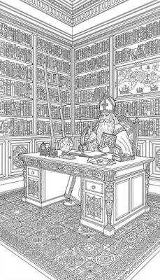 Gedetailleerde kleurplaat van Sinterklaas met mijter en baard, schrijvend aan een bureau vol boeken in een indrukwekkende bibliotheek met hoge boekenkasten en een ladder.