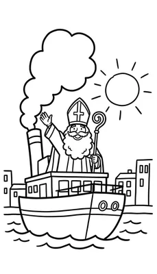 Zwart-wit kleurplaat van Sinterklaas in bisschopskleding die vrolijk zwaait vanaf een boot met een hoge schoorsteen. De boot vaart op golvend water, met een stad op de achtergrond en de zon schijnend aan de hemel. Geschikt voor peuters.