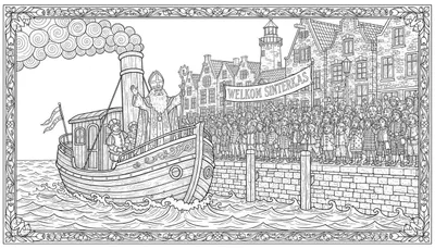 Een gedetailleerde zwart-wit kleurplaat die de aankomst van Sinterklaas per stoomboot afbeeldt. Sinterklaas staat zwaaiend op de boeg, achter hem twee Pieten en rook uit de schoorsteen. Langs de kade zwaaien kinderen naar Sinterklaas onder een spandoek 'WELKOM SINTERKAAS'. Op de achtergrond zijn Hol
