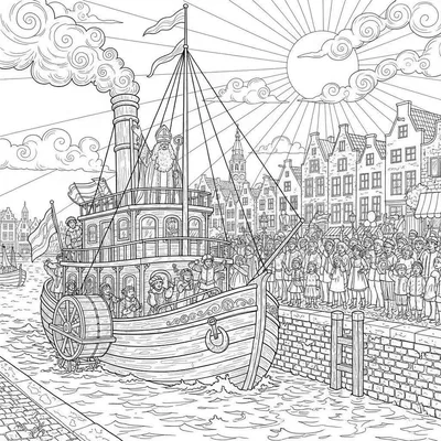 Gedetailleerde zwart-wit kleurplaat van Sinterklaas die zwaait vanaf zijn stoomboot, omringd door Pieten en kinderen. Een juichende menigte op de kade verwelkomt hen, met op de achtergrond Hollandse grachtenpanden en een kerktoren onder een stralende zon.