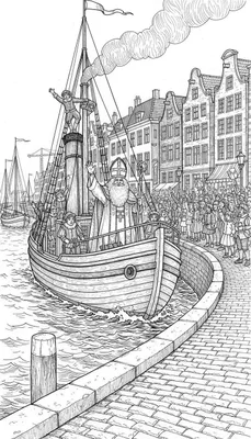 Gedetailleerde kleurplaat van de Sinterklaas intocht, met Sinterklaas en Pieten op een Pakjesboot in een gracht vol zwaaiende kinderen en historische Nederlandse grachtenpanden op de achtergrond.