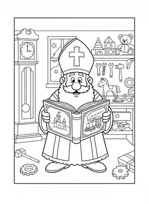 Kleurplaat van een Sinterklaas-achtige figuur met baard en mijter, staand in een werkplaats met een open boek dat een kasteel en een trein toont. Er is speelgoed, gereedschap en cadeautjes.