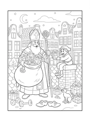 Zwart-wit kleurplaat van Sinterklaas die lachend zijn staf vasthoudt, met een zak vol cadeautjes over zijn schouder. Rechts zit een Pietje op een schoorsteen met een cadeau. Op de achtergrond Nederlandse grachtenpanden en een nachtelijke hemel met maan en sterren. Op de grond liggen cadeautjes, klom