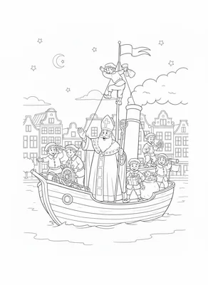 Zwart-wit kleurplaat van Sinterklaas op de stoomboot, omringd door Pieten die cadeautjes dragen. Op de achtergrond Nederlandse huizen en een maan.