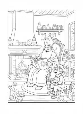 Kleurplaat van Sinterklaas die een jongetje voorleest voor een open haard, met veel speelgoed en cadeaus.