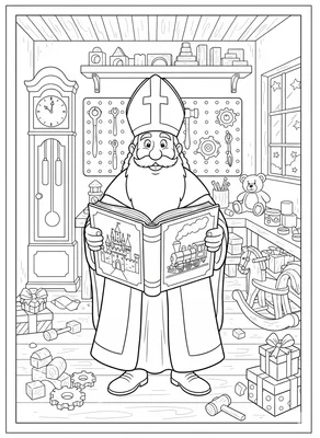 Kleurplaat van Sinterklaas in een drukke werkplaats, met cadeautjes, speelgoed en gereedschap.