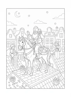 Kleurplaat van Sinterklaas die met zijn witte paard over daken rijdt, twee Pieten op schoorstenen en cadeautjes op de daken.