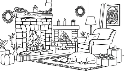 Zwart-wit lijntekening van een gezellige woonkamer met twee open haarden, decoraties, cadeautjes en een hond die een boek leest, ideaal als kleurplaat.