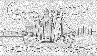 Zwart-wit kleurplaat van Sinterklaas op een stoomboot in mozaïek/glas-in-loodstijl, met stadsskyline, halve maan en ster op de achtergrond.