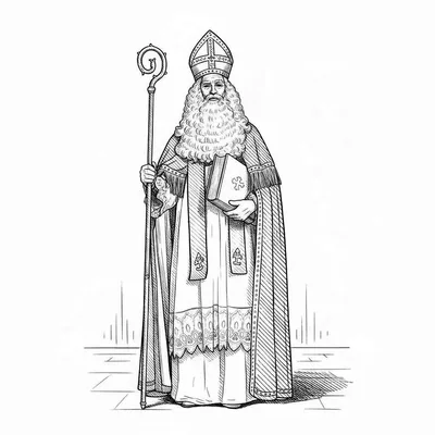 Gedetailleerde zwart-wit kleurplaat van Sinterklaas staand, met mijter, staf en boek, in bisschopskleding.