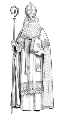 Gedetailleerde Sinterklaas kleurplaat van een staande bisschop met volle witte baard, rijke mijter, ceremoniële gewaden, kromstaf en boek, in klassieke illustratiestijl met veel arceerlijnen.