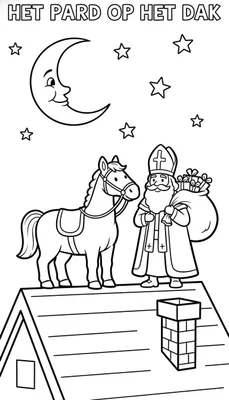 Kleurplaat: Sinterklaas met mijter en staf, en zijn paard met zadel en hoofdstel, staand op een gedetailleerd dak met schoorsteen onder een lachende maan en sterren.