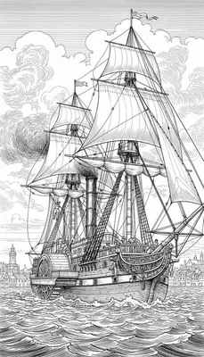 Gedetailleerde zwart-wit kleurplaat van een historisch raderstoomschip met zeilen, rookpluimen en matrozen, varend op woelige zee met kustlijn, stad en vuurtoren op de achtergrond. Stijl: 19e-eeuwse gravure, Sinterklaas.