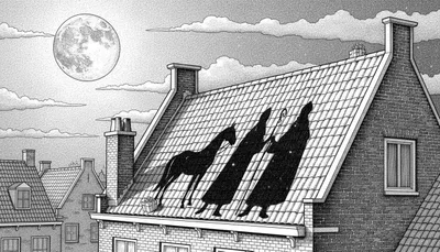 Gedetailleerde Sinterklaas kleurplaat in stippeltechniek. Toont schaduwen van Sinterklaas, zijn paard en drie figuren op een pannendak onder een volle maan. Met huizen, schoorstenen en een pakje. Roep de magie van Sinterklaasavond op.